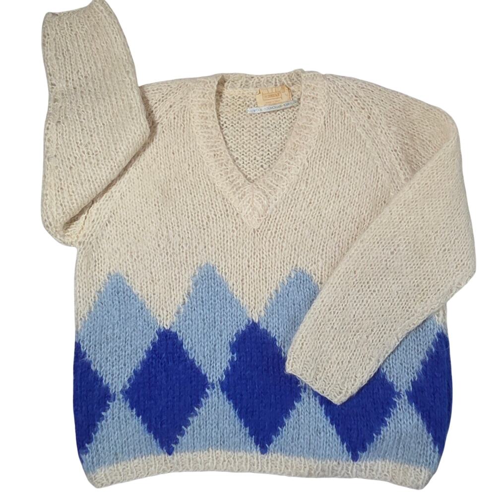 BRENT Brand Vintage Sweater Wool, Mohair, Nylon Size Large Argyle V-neck